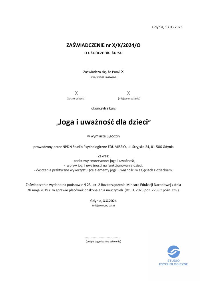 Zaświadczenie MEN Joga i uważność dla dzieci