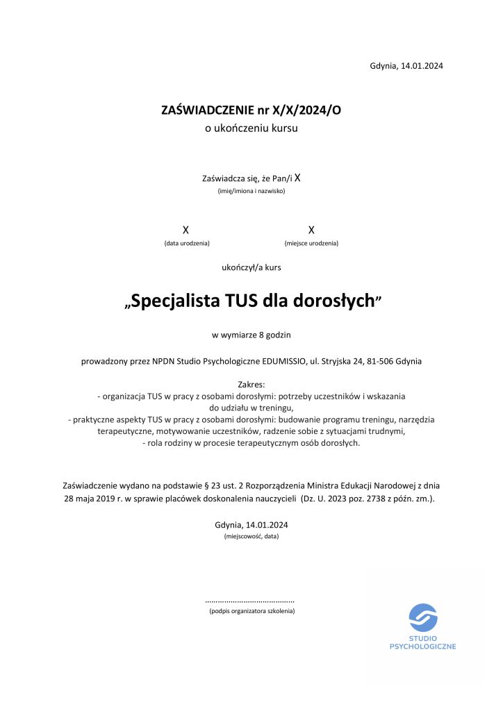 Zaświadczenie MEN Specjalista TUS dla dorosłych