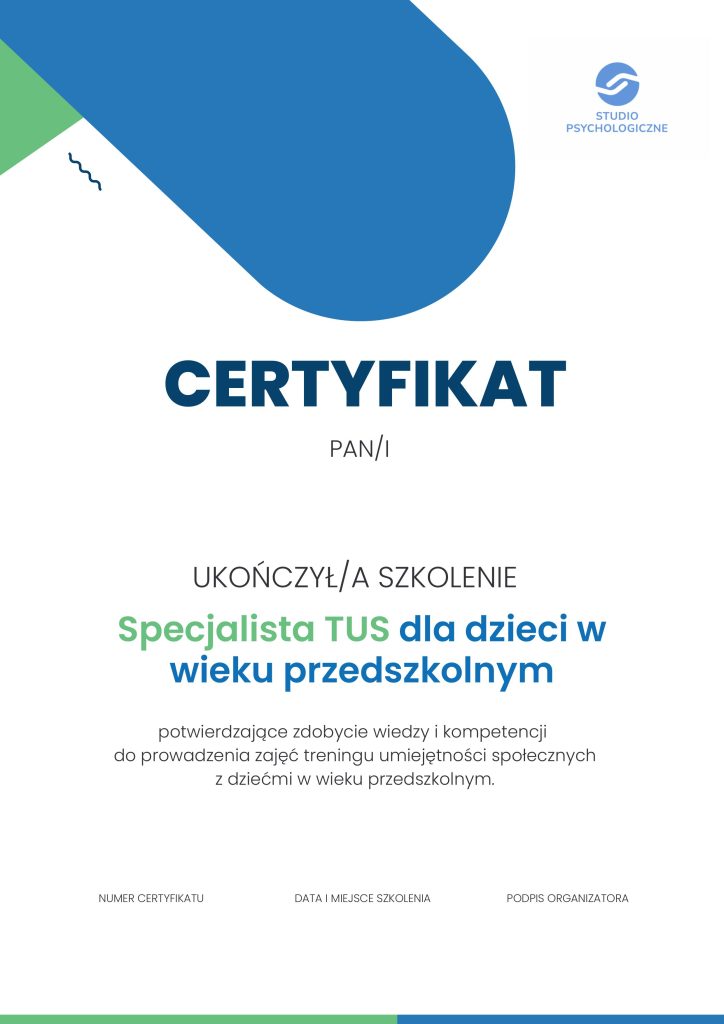 Certyfikat Specjalista TUS dla dzieci w wieku przedszkolnym