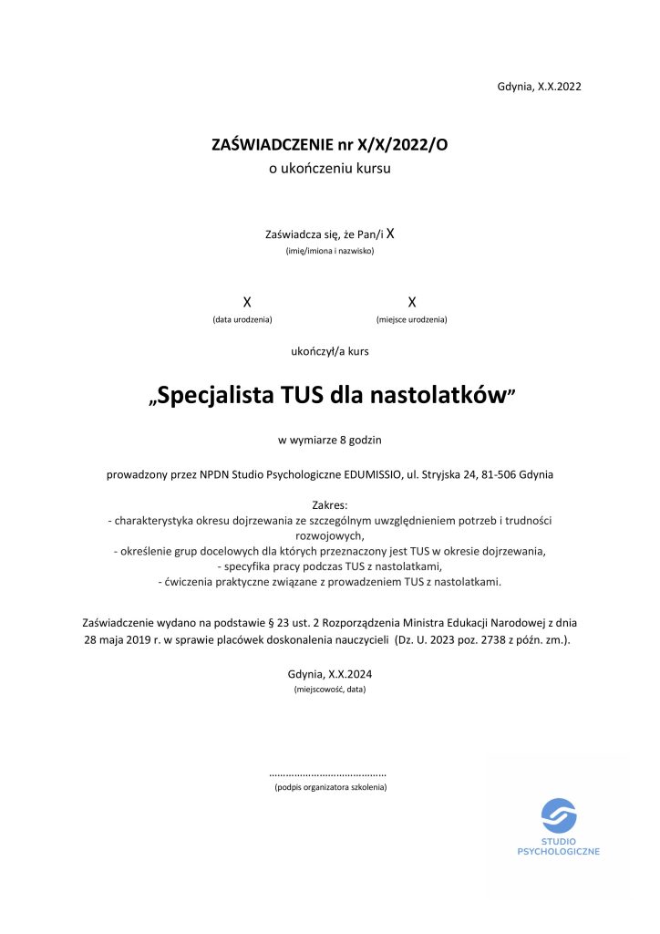 Zaświadczenie MEN Specjalista TUS dla nastolatków
