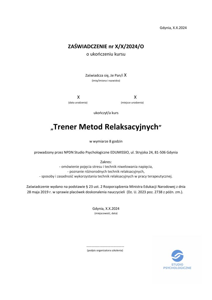 Trener Metod Relaksacyjnych wzór zaświadczenia